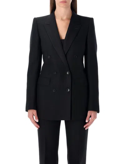 Tom Ford Black Harringbone Wool Double-breasted Tailored Jacket In Black