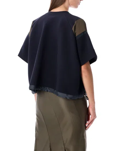 Sacai Oversized Technical Cotton T-shirt With Adjustable Drawstring Hem In Blue