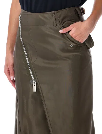 Sacai Nylon Twill Midi Skirt With Diagonal Zip In Green