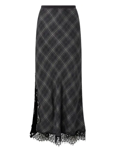 Pinko Lace-trimmed Checked Midi Skirt In Gray