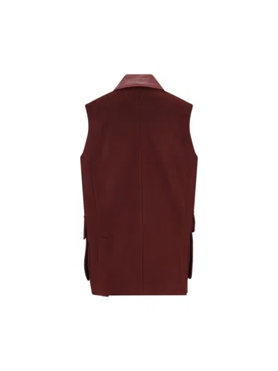 Max Mara Sleeveless Jacket With Leather Collar And Pockets In Burgundy