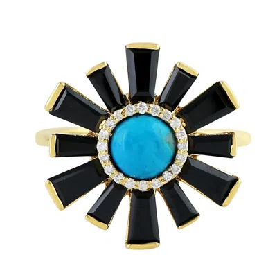 Artisan Women's Gold / White 18k Gold Flower Ring With Baguette Spinel, Chrysocolla & Pave Diamonds In Multi