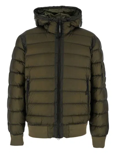 C.p. Company Men Green Down Jacket With Fixed Hood And Goggle Detail In Tech Fabric Man In Green