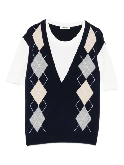 Sandro Womens Navy Blue Argyle Layered-effect Wool And Cashmere-blend Jumper