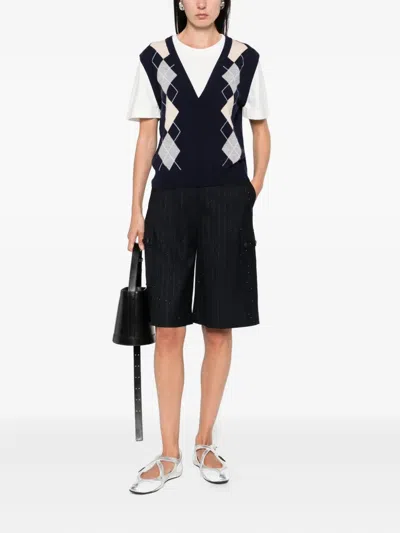 Sandro Womens Navy Blue Argyle Layered-effect Wool And Cashmere-blend Jumper