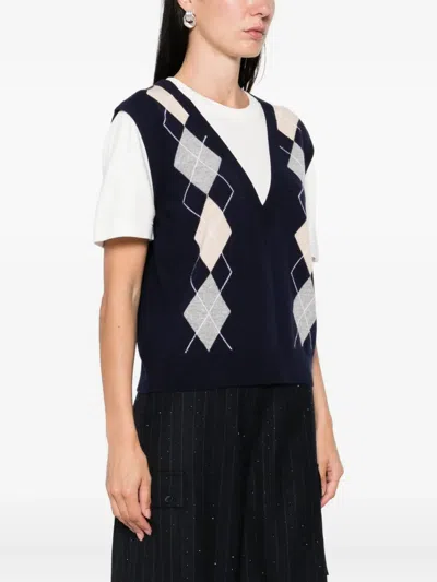 Sandro Womens Navy Blue Argyle Layered-effect Wool And Cashmere-blend Jumper