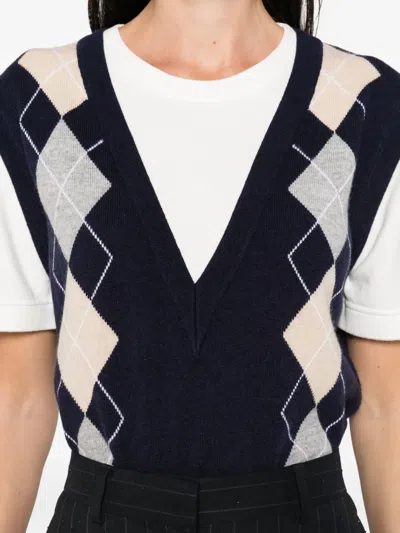 Sandro Womens Navy Blue Argyle Layered-effect Wool And Cashmere-blend Jumper