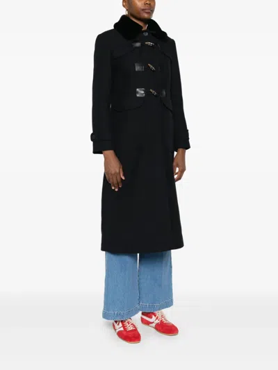Sandro Wool-blend Shearling-collar Coat In Black