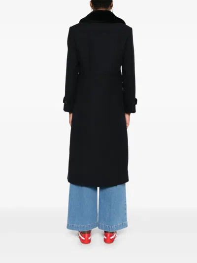 Sandro Wool-blend Shearling-collar Coat In Black