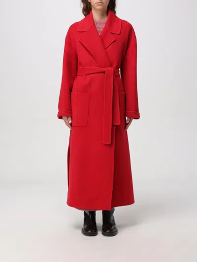 Fabiana Filippi Long Cashmere Wool Coat Belted At Waist In Red