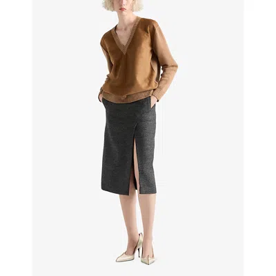 Prada Wool And Cashmere Sweater With Lambskin Front In Brown