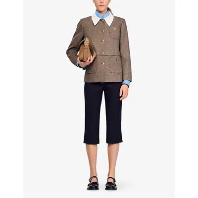 Sandro Womens Brown Contrast-collar Houndstooth Wool-blend Jacket