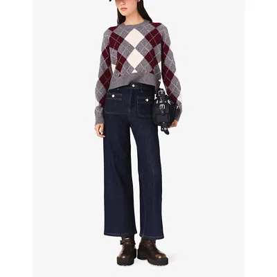 Maje Cropped Argyle Sweater In Black