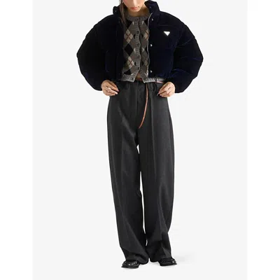 Prada Womens Blue Logo-embellished Velvet Down Jacket In Black
