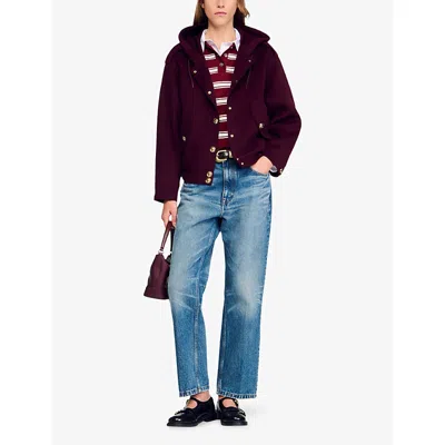 Sandro Womens Bordeaux Button-down Double-face Hooded Wool Coat In Burgundy