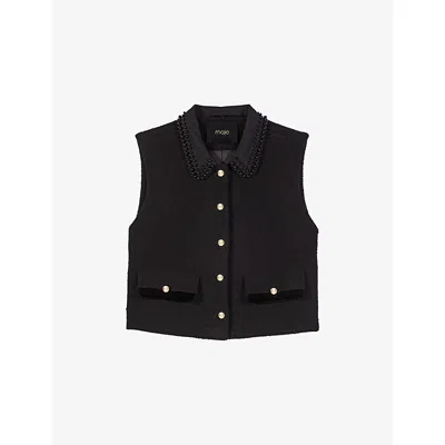 Maje Womens Black Velvet-trim Pearl-embellished Stretch-tweed Top