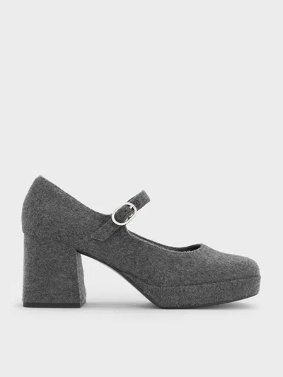 Charles & Keith - Felt Platform Block-heel Mary Jane Pumps In Gray