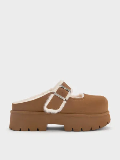 Charles & Keith - Bergen Textured Fur-trim Buckled Platform Mules In Brown