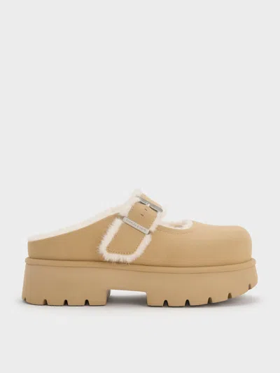 Charles & Keith - Bergen Textured Fur-trim Buckled Platform Mules In Neutral