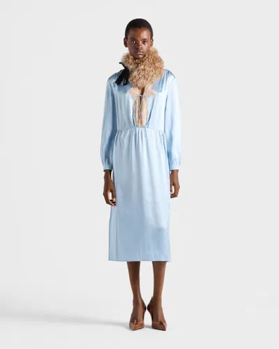 Prada Long-sleeved Satin Crepe And Lace Dress In Blue