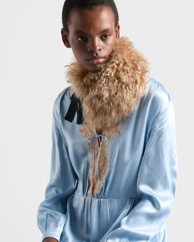 Prada Long-sleeved Satin Crepe And Lace Dress In Blue