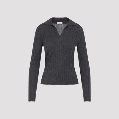 Peserico Fitted Long-sleeve Knit Top With Ribbed Texture And Deep V-neck In Black