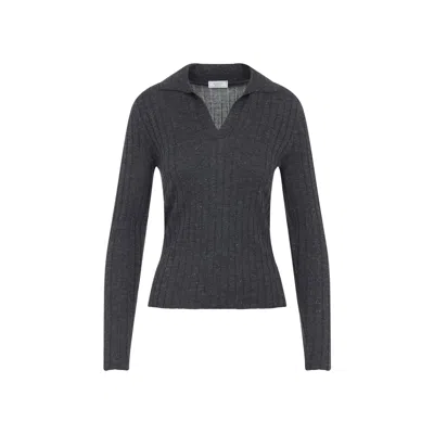 Peserico Fitted Long-sleeve Knit Top With Ribbed Texture And Deep V-neck In Black