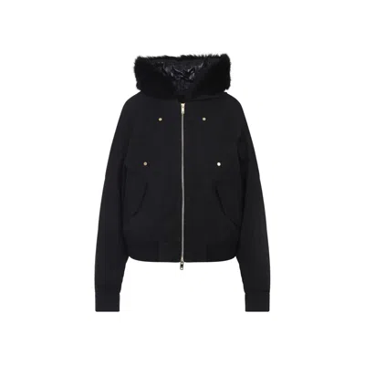 Moose Knuckles Fitted Hooded Jacket With Plush Fur Trim And Metallic Accents In Black