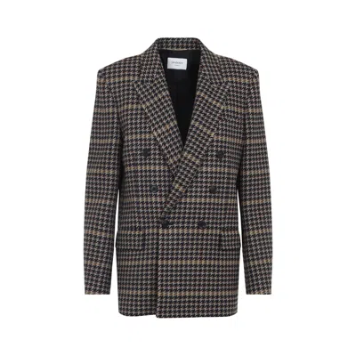 Saint Laurent Brown Double-breasted Jacket With Notched Revers And All-over Check Motif In Wool Woman In Multi