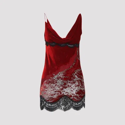 Roberto Cavalli Mini Slip Dress With Deep Cowl Neckline And Abstract Pattern In Red