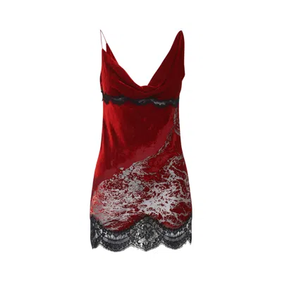 Roberto Cavalli Mini Slip Dress With Deep Cowl Neckline And Abstract Pattern In Red