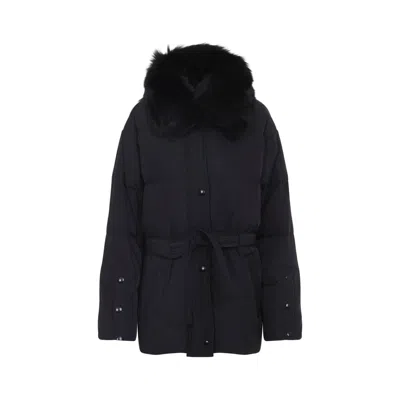 Yves Salomon Doudoune Short Down Jacket With Fur Inserts And Belt In Black
