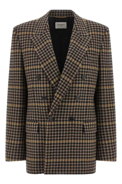 Saint Laurent Brown Double-breasted Jacket With Notched Revers And All-over Check Motif In Wool Woman In Multi