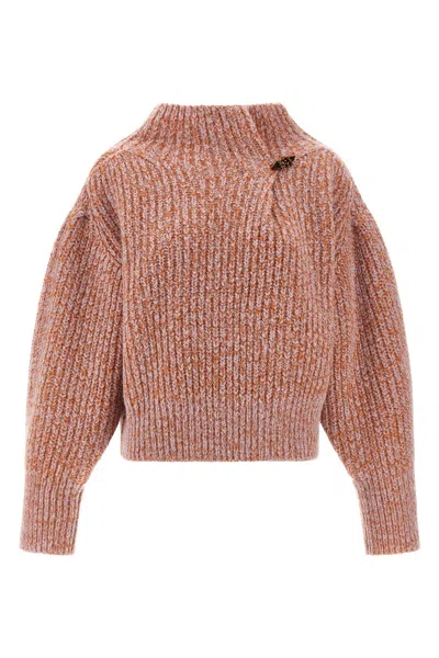 Dries Van Noten Chunky Knit High Neck Sweater With Brooch In Multi