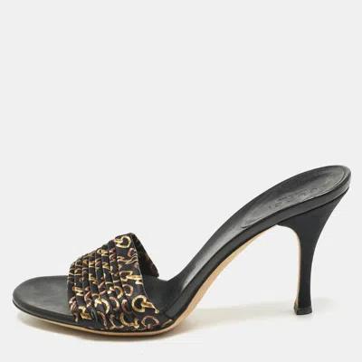 Pre-owned Gucci Black/gold Fabric And Leather Gg Interlocking Slide Sandals Size 35.5