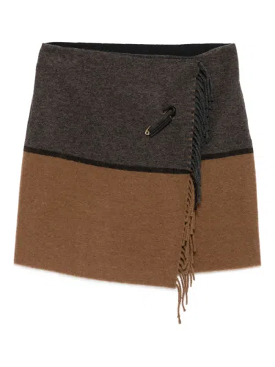 Semicouture Bicolor Wool Mini Skirt With Fringed Edge In Multi