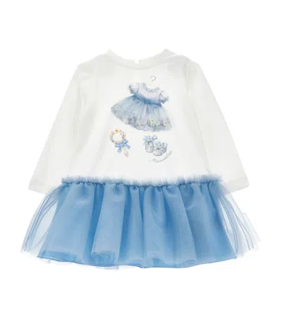 Monnalisa Dress With Print Dress And Tulle Skirt In White