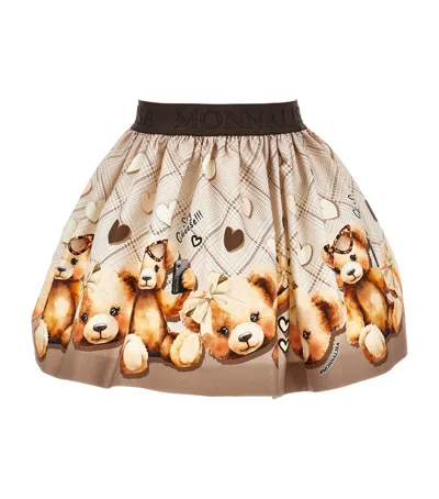 Monnalisa Beige Skirt With Elastic Waist With Logo Lettering And All-over Print In Cotton Stretch Girl In Brown