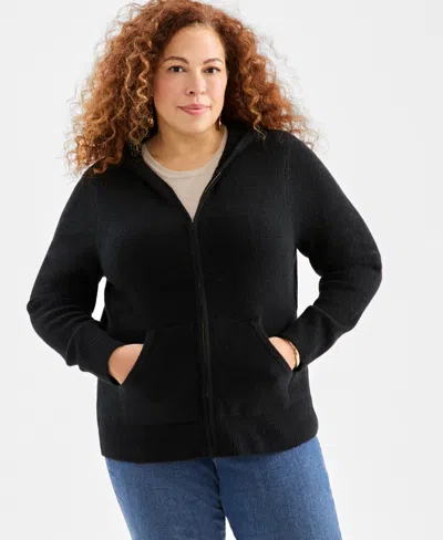 Style & Co Plus Size Zip-front Hooded Luxsoft Sweater, Macy's Exclusive In Black