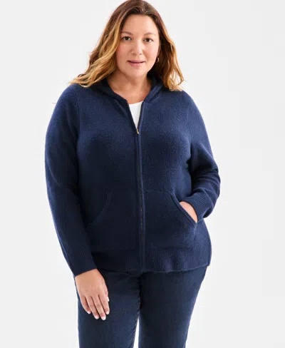 Style & Co Plus Size Zip-front Hooded Luxsoft Sweater, Macy's Exclusive In Blue