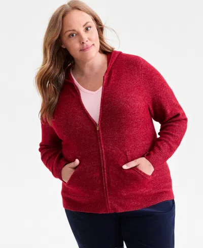 Style & Co Plus Size Zip-front Hooded Luxsoft Sweater, Macy's Exclusive In Burgundy