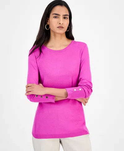 Jm Collection Women's Button-sleeve Crewneck Sweater, Created For Macy's In Pink
