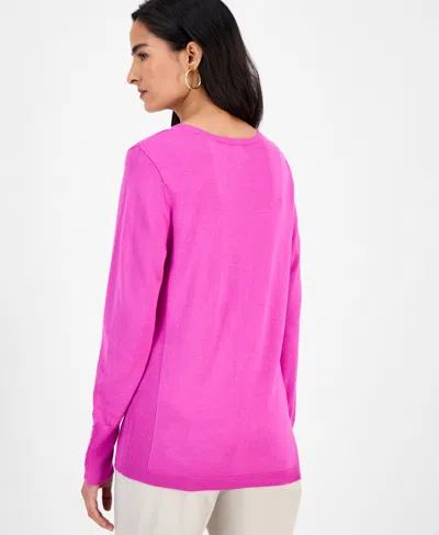 Jm Collection Women's Button-sleeve Crewneck Sweater, Created For Macy's In Pink