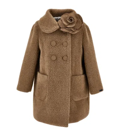 Monnalisa Double-breasted Flower Coat In Brown
