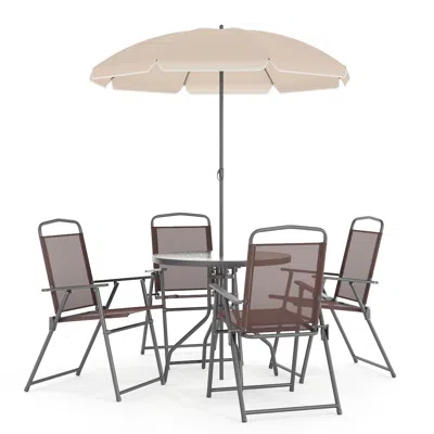 Flash Furniture 6 Piece Brown Patio Garden Set With Umbrella Table And Set Of 4 Folding Chairs In Gray