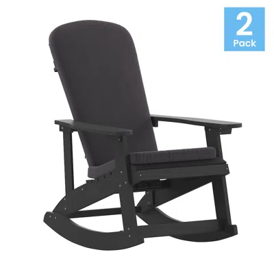 Flash Furniture Set Of 2 Adirondack Rocking Chairs In Black With Gray Cushions, Porch, And Patio In Black