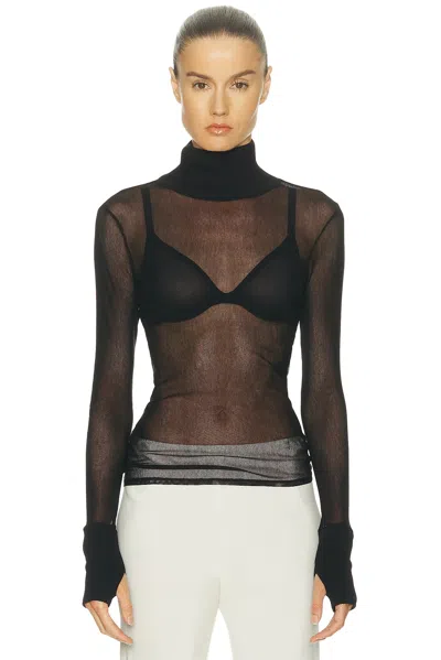 Enza Costa Cotton Mesh Cuffed Long Sleeve Turtleneck Sweater In Black