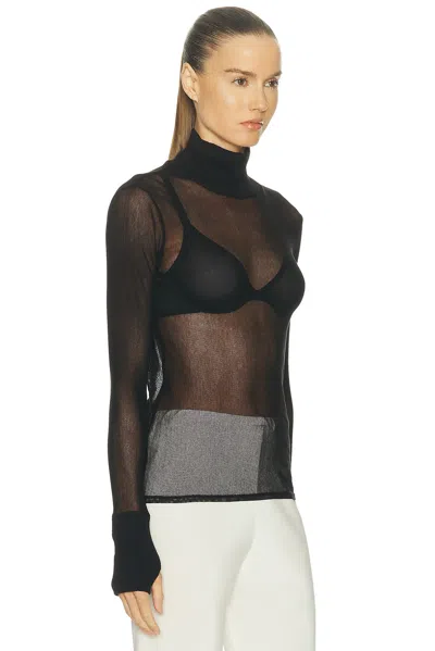 Enza Costa Cotton Mesh Cuffed Long Sleeve Turtleneck Sweater In Black