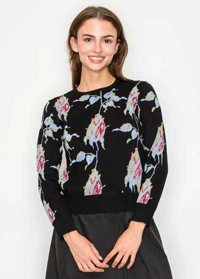 Yal New York Black Crewneck Sweater With Floral Pattern In Multi