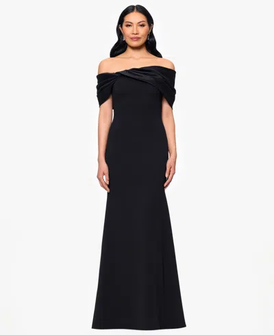 Betsy & Adam Petite "michelle" Scuba Crepe Off The Shouler Taffeta Trim Floor Length Dress In Black